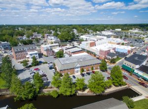 aerial shot of community with trees